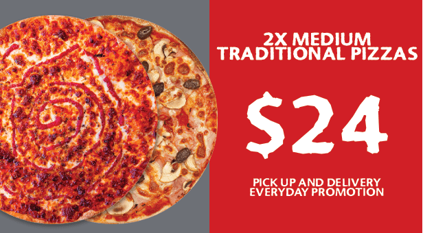 2x Medium Traditional Pizzas for $24