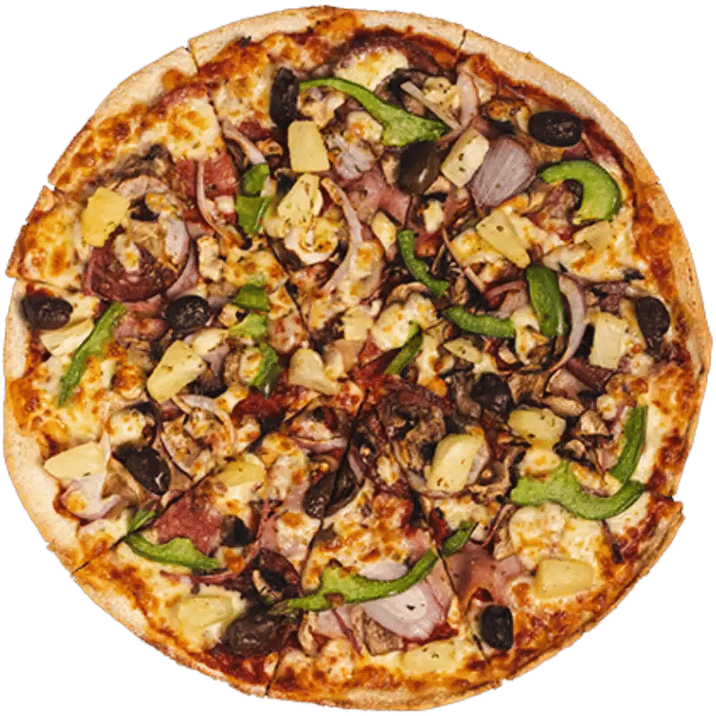 I Love Supreme pizza, sliced