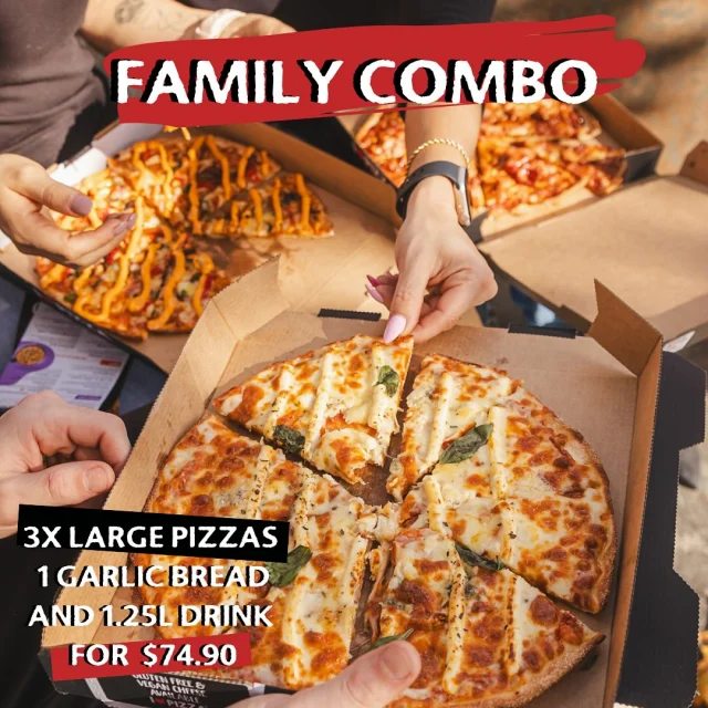 🍕3 Pizzas, 1 Combo, Endless Fun 🍕
Round up the fam and treat yourselves to our Family Combo—3 large pizzas, garlic bread, and a 1.25L drink for just $74.90! Whether you’re sharing stories or slices, this combo is a winner. 🎉
.
.
.
.
.
.
.
.
.
.
.
.
.
.
#pizzaparty #pizzalover #pizzaporn #bestplacetoeat #sydneyfood #sydneyfoodie #canberrafood #canberrafoodie #pizzapizzapizza #pizzaforlife #pizzalovers #sydneypizza #canberrapizza